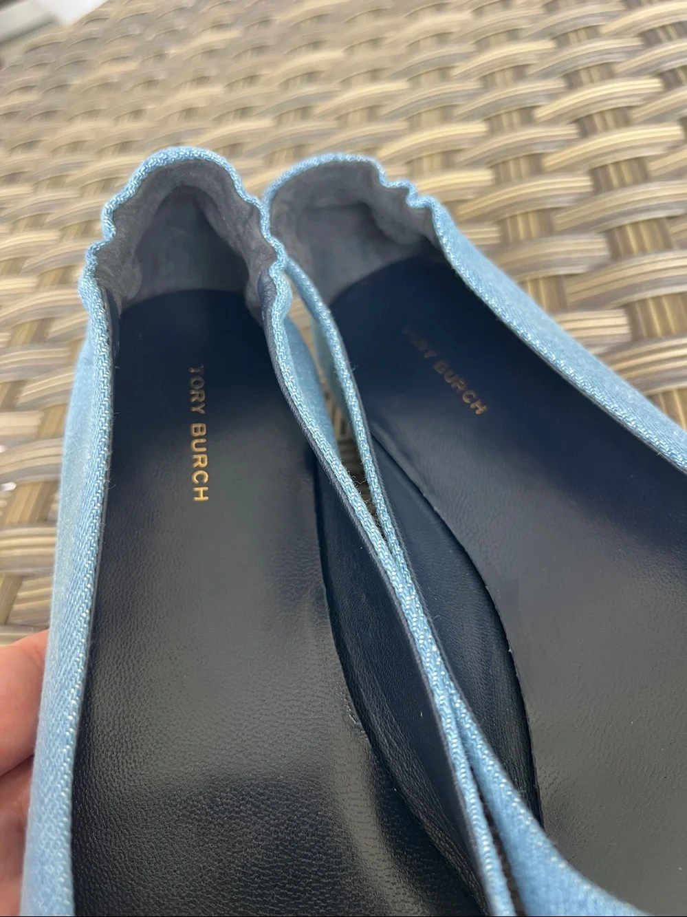 TORY BURCH Denim Leather Toe ballerina flats blue cream size 8